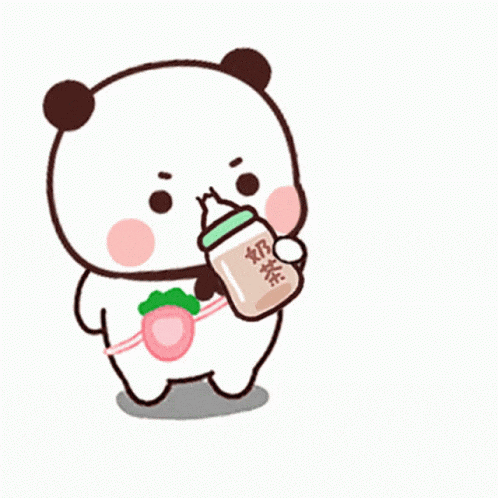 a cartoon panda is eating a strawberry and holding a bottle .