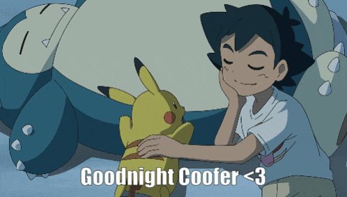 a cartoon of a boy petting a pikachu with the words goodnight coofer < 3