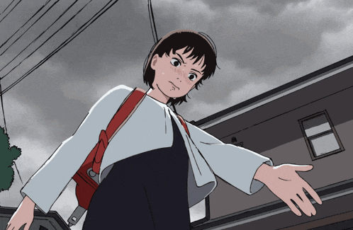 a girl with a red backpack is standing in front of a house