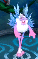 a cartoon character with pink and blue wings is standing in front of a green dragon .