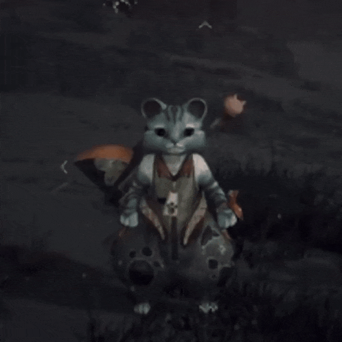 a cat is sitting on a rock in a video game and holding a sword .
