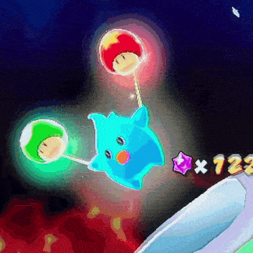 a video game with a blue dolphin and a red mushroom with the number 122