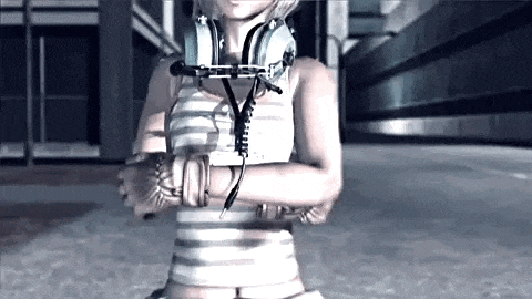 a woman wearing headphones and a striped tank top is sitting on the ground .
