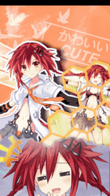 a girl with red hair and a sign that says cute on it