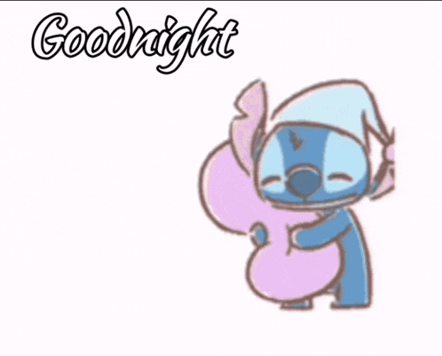a cartoon of stitch sleeping on a pillow with the words " goodnight " above him