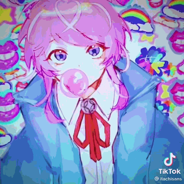 a pink haired anime girl is blowing a bubble gum .