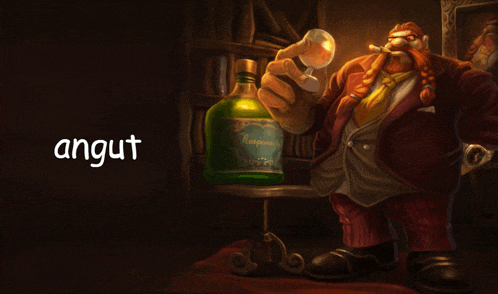 a man in a suit is holding a glass and a bottle that says angut
