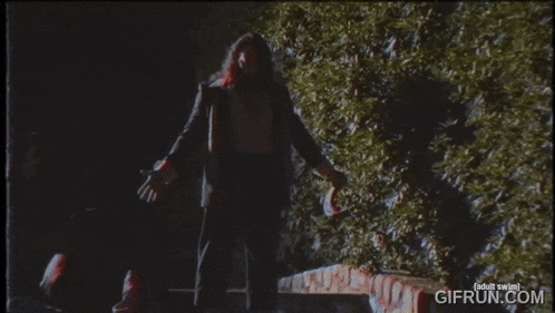 a man with long hair and a beard is standing in front of a bush with the word xangelix on the screen .