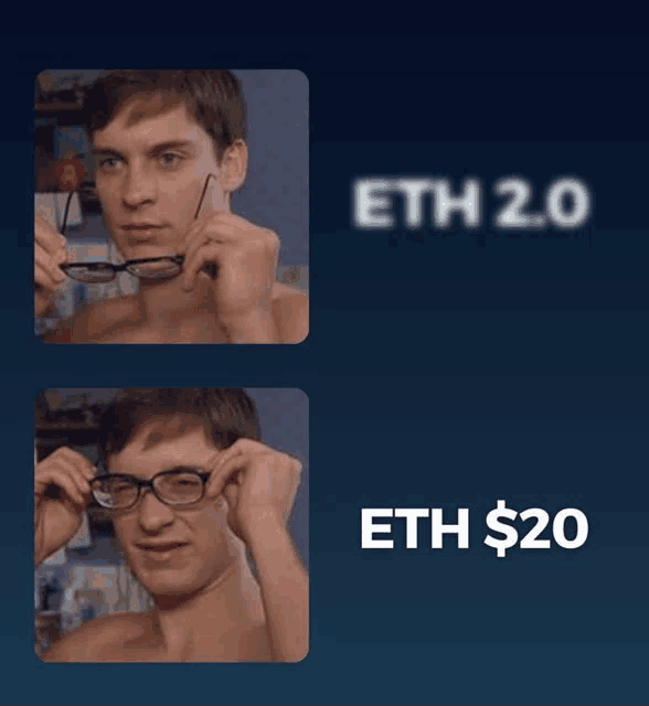 a picture of a shirtless man putting on glasses next to the words eth 2.0 eth $ 20