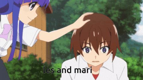 a girl petting a boy 's head with the words " les and mari " on the bottom