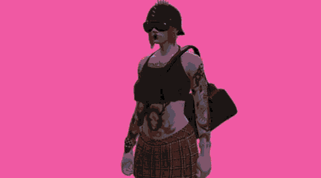 a woman with tattoos and a backpack is wearing a black helmet and a plaid skirt