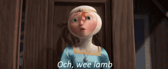 a cartoon girl is standing in front of a wooden door and saying och wee lamb .