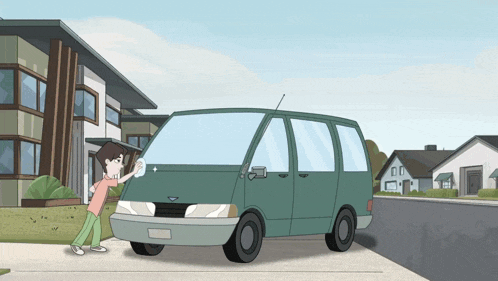 a cartoon of a boy pushing a ford van