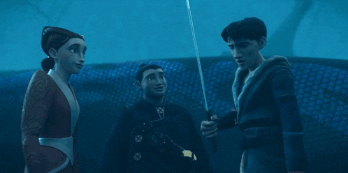 a cartoon character is talking to another character in a dark room