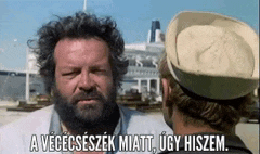 a man with a beard and a hat is talking to another man with a boat in the background .