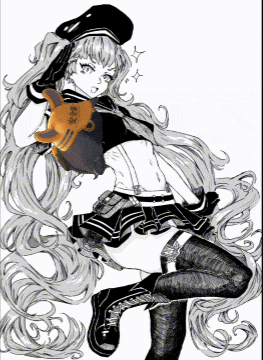a black and white drawing of a girl with long hair holding a yellow glove