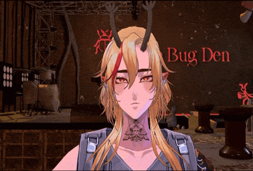 a girl with horns is standing in front of a wall that says bug den