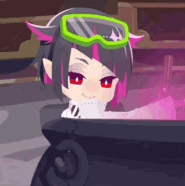 a cartoon character with a green goggles on looks out of a cauldron