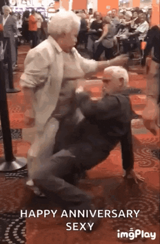 an older couple is dancing in a crowded room and the caption says happy anniversary sexy