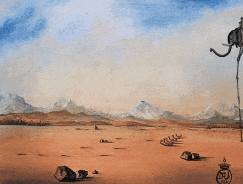 a painting of a desert landscape with mountains in the background and an elephant with a long tail