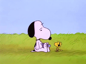 a cartoon of snoopy and woodstock in a field with a helicopter in the background