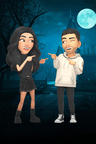 a man and a woman standing next to each other pointing at each other