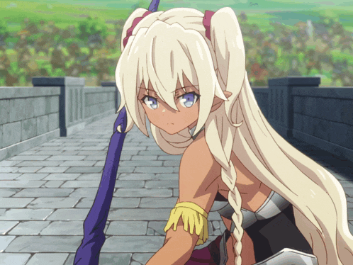 a girl with blonde hair and blue eyes holds a sword