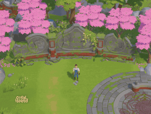 a coral island game shows a man standing in front of a stone wall surrounded by pink flowers