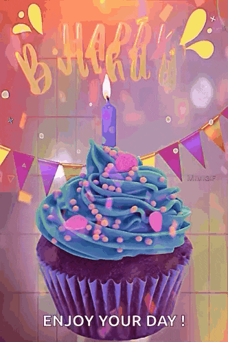 a birthday cupcake with a candle and the words enjoy your day on the bottom