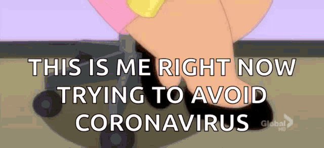 a cartoon of a woman sitting in a chair with the words `` this is me right now trying to avoid coronavirus ''