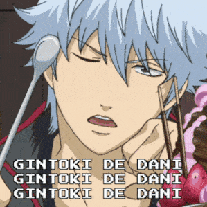 a cartoon character with a spoon in his mouth and the words gintoki de dani on the bottom