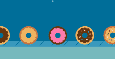 a row of donuts with different flavors and sprinkles on a blue background