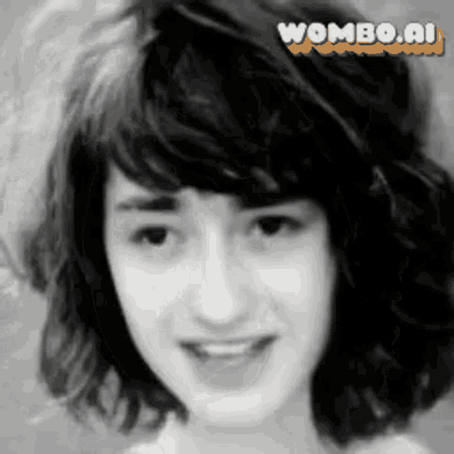 a black and white photo of a girl with wombo.ai written in the corner