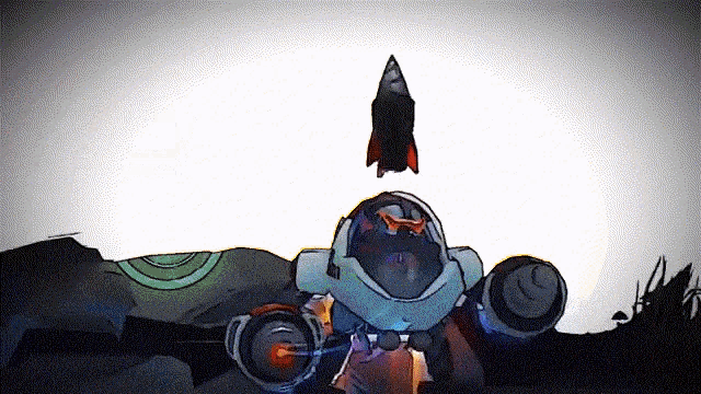 a cartoon drawing of a space ship with a rocket flying in the background