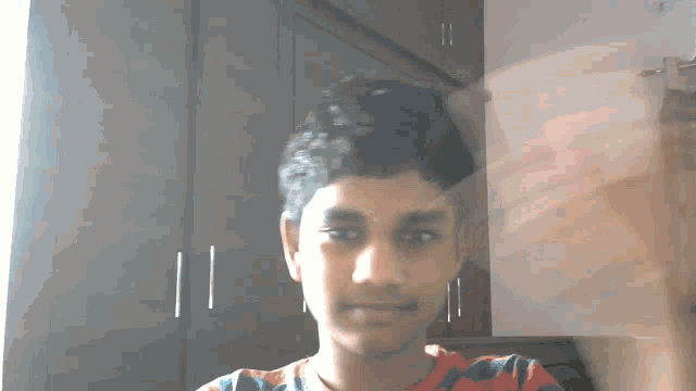 a young boy in a red and blue shirt stands in front of a closet