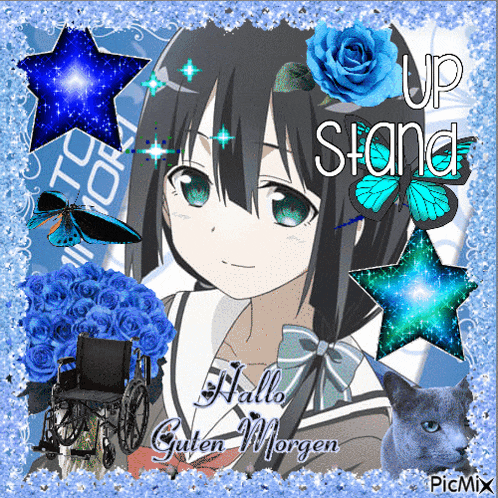 a picture of a girl in a wheelchair with the words " up stand " written on it