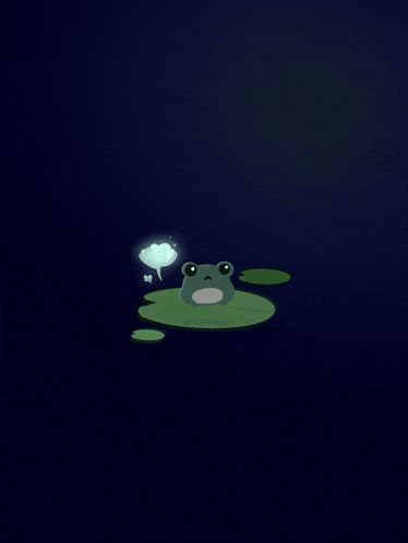 a frog sitting on a lily pad with a thought bubble above it