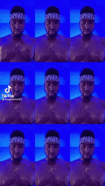 a man with a headband on his head is standing in front of a blue background and looking at the camera .
