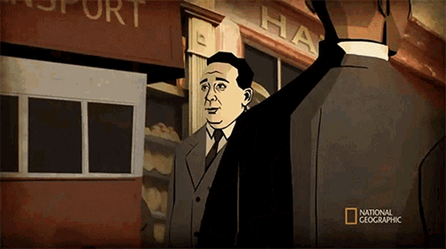 a cartoon of a man standing in front of a building that says national geographic on it