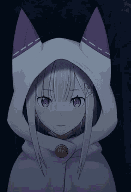 a girl with white hair and purple eyes is wearing a cat ear hood