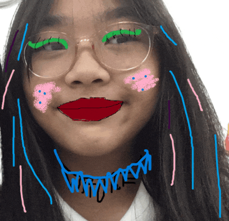 a girl wearing glasses has a drawing of a face on her face with the word www written on her neck