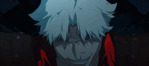 a close up of a person 's face with blue hair and a red jacket