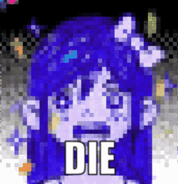 a pixel art of a girl with blue hair and the word die in white