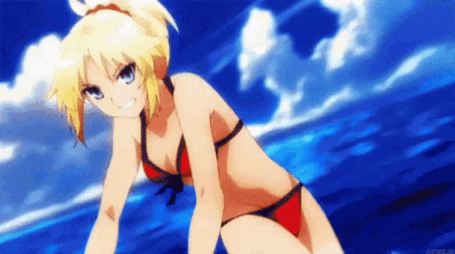 a blonde anime girl in a red and black bikini is standing on the beach .