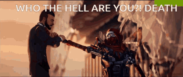 a man in a suit is standing next to a robot with the words who the hell are you death