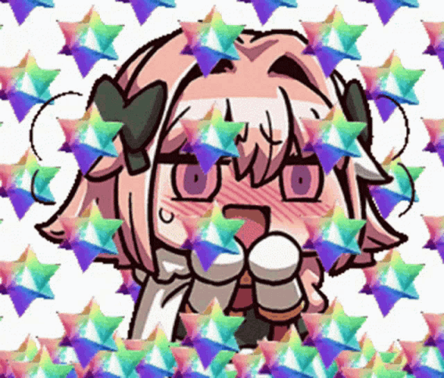 a cartoon of a girl with pink hair and purple eyes is surrounded by rainbow stars