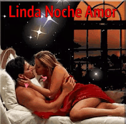 a man and woman kissing on a bed with the words linda noche amor in red