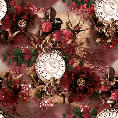 a clock surrounded by flowers and ribbons has the hands on the numbers 1 and 2