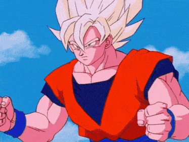 a close up of a cartoon character with a blue sky and clouds in the background