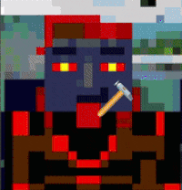 a pixel art drawing of a minecraft character with a hammer in his mouth